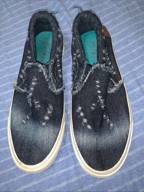 Frayed Denim Slip-On Sneakers - Dark Blue